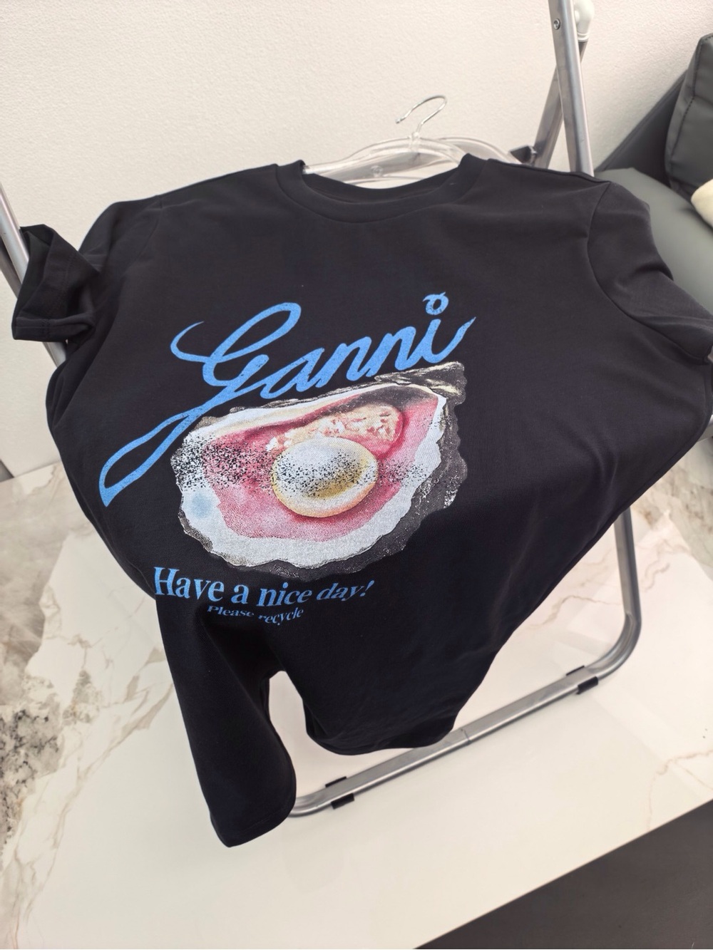 Ganni Black Tee with Blue Script and Multicolor Oyster Graphic - Picture 3 of 7